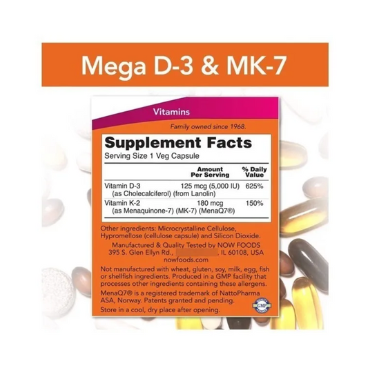 Mega D-3 Y Mk-7 Con Vitaminas D-3 Y K-2 Suplementos Now X60