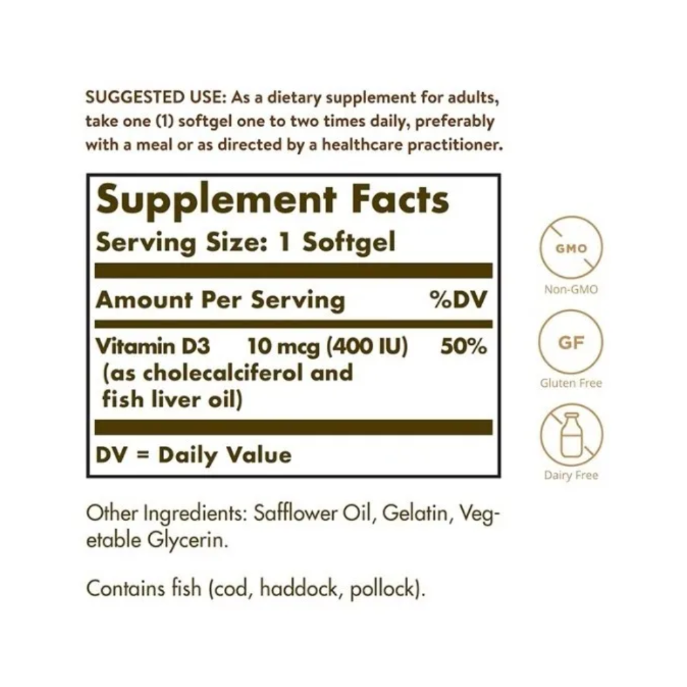 Vitamina D3 400 Iu 100 Cáps Solgar Huesos Dientes Saludables