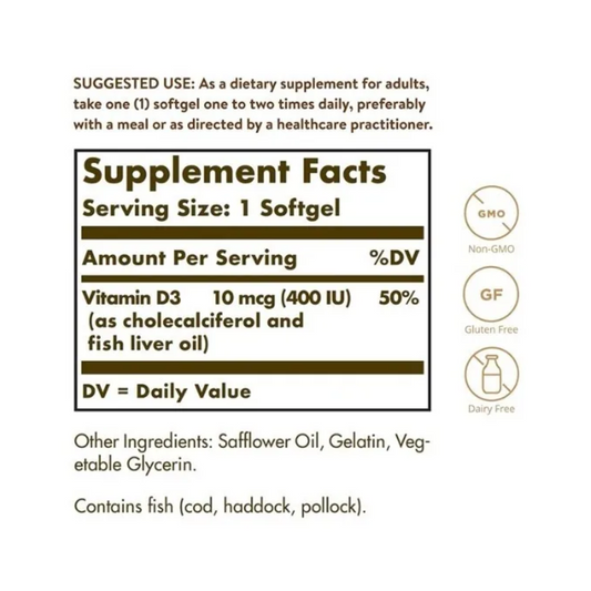 Vitamina D3 400 Iu 100 Cáps Solgar Huesos Dientes Saludables
