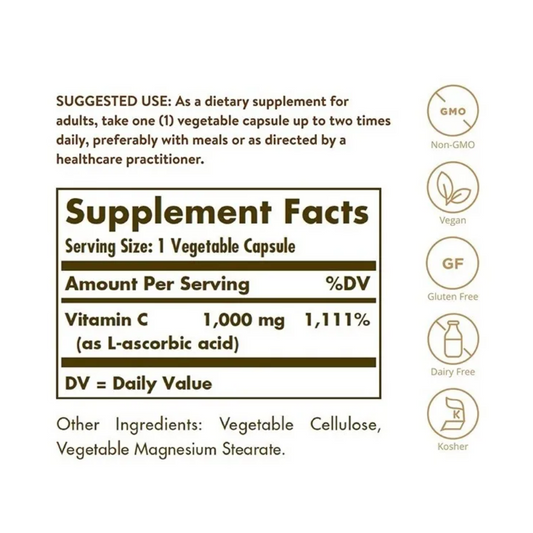 Vitamina C 1000 Mg 100 Cáps Solgar Apoyo Inmune Antioxidante