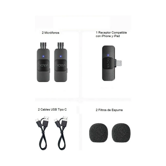 2 Micrófonos Boya By-v2 Dual Omnidireccionales Conexión Lightning Inalámbricos Color Negro
