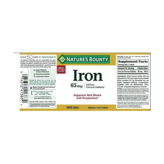 Hierro 65mg Sulfato Ferroso 325mg 100 Tabs Nature's Bounty