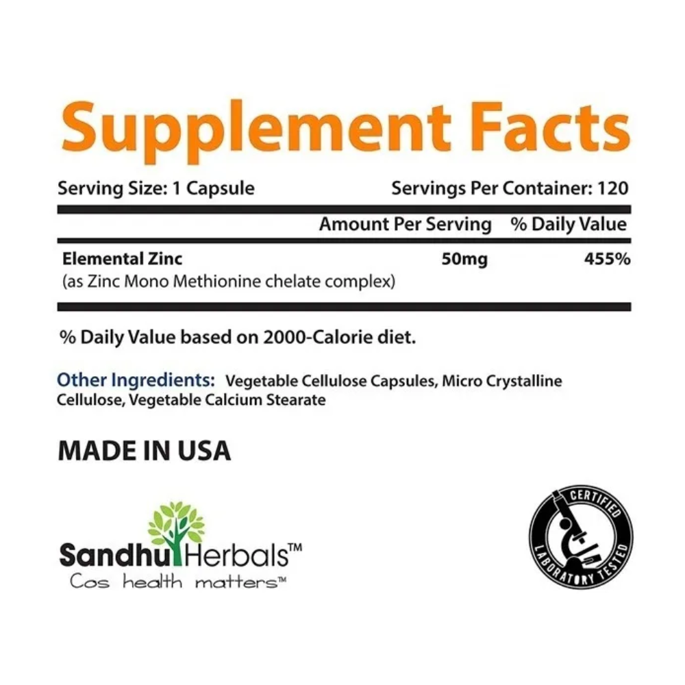 Zinc 50mg Salud Inmunológica Zinc Mono Metionina 120cápsulas
