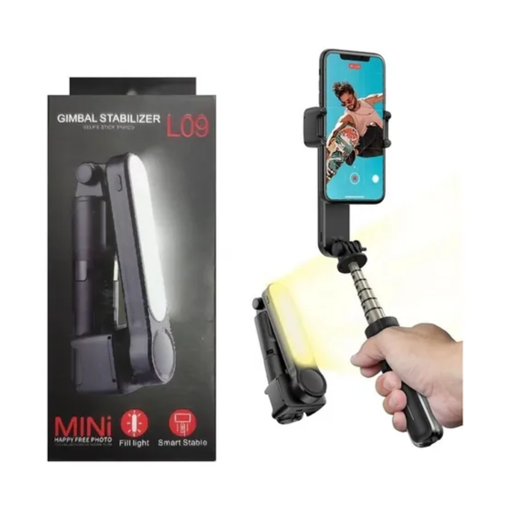Estabilizador Peining L09 Cardán de Mano Color Negro Palo de Selfie Soporte de Teléfono Móvil con Bluetooth y Luz de Relleno Ajustable