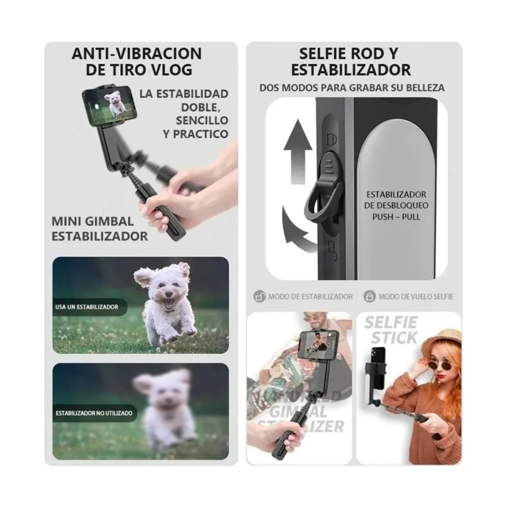 Estabilizador Peining L09 Cardán de Mano Color Negro Palo de Selfie Soporte de Teléfono Móvil con Bluetooth y Luz de Relleno Ajustable