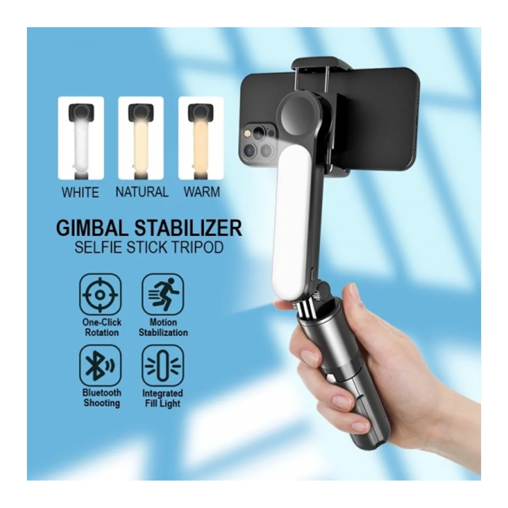 Estabilizador Peining L09 Cardán de Mano Color Negro Palo de Selfie Soporte de Teléfono Móvil con Bluetooth y Luz de Relleno Ajustable