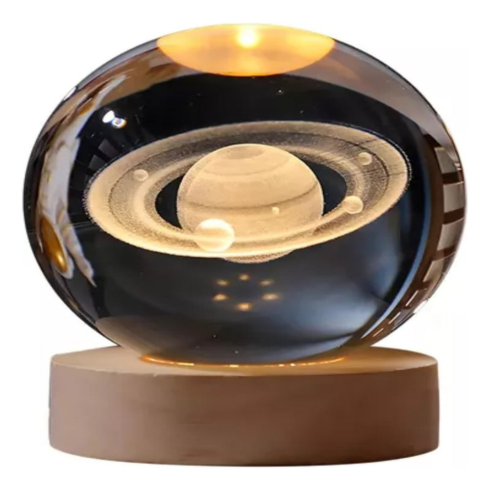 Lampara 3d Bola De Cristal Saturno Con Base Madera