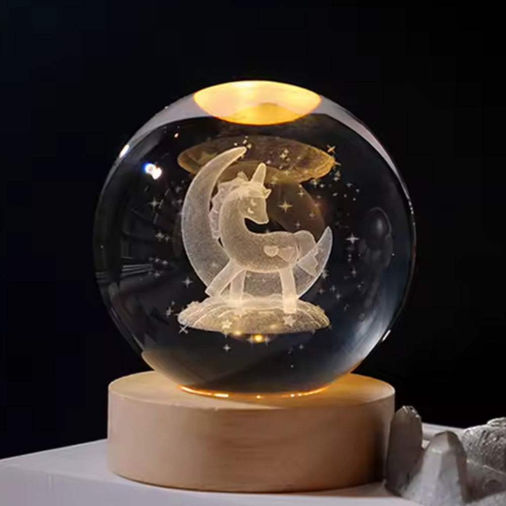 Lampara 3d Bola De Cristal Unicornio Modelo Con Base Madera