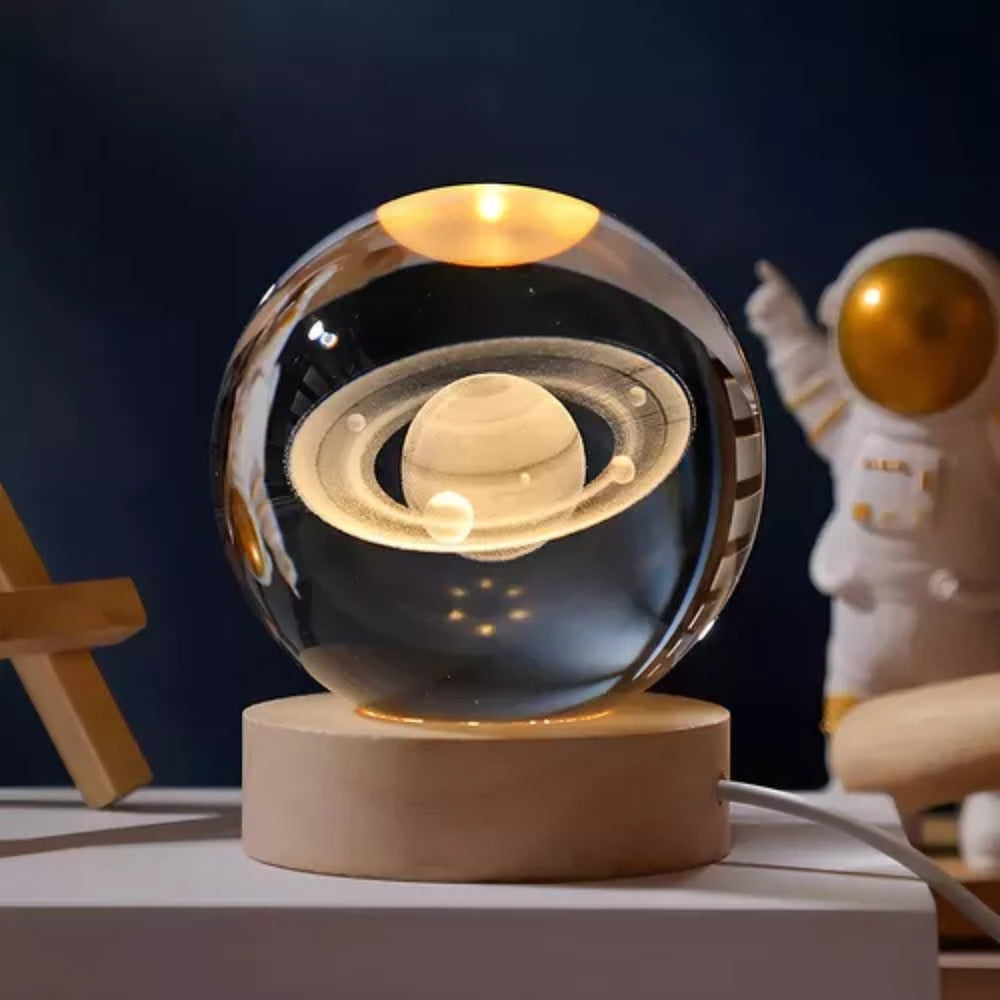 Lampara 3d Bola De Cristal Saturno Con Base Madera