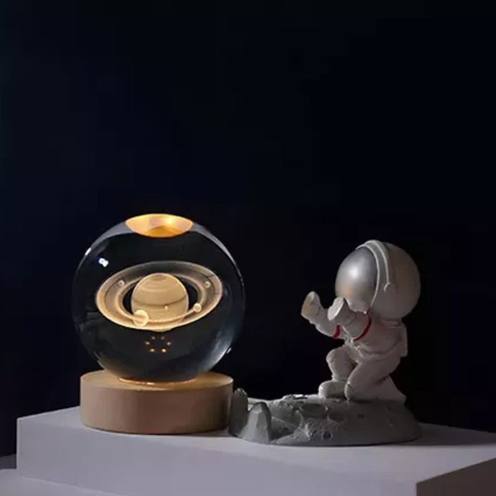 Lampara 3d Bola De Cristal Saturno Con Base Madera