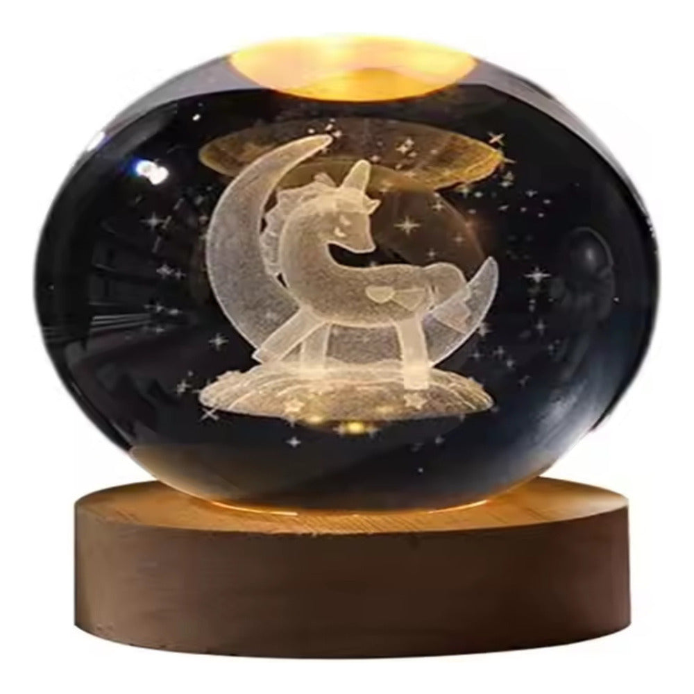 Lampara 3d Bola De Cristal Unicornio Modelo Con Base Madera